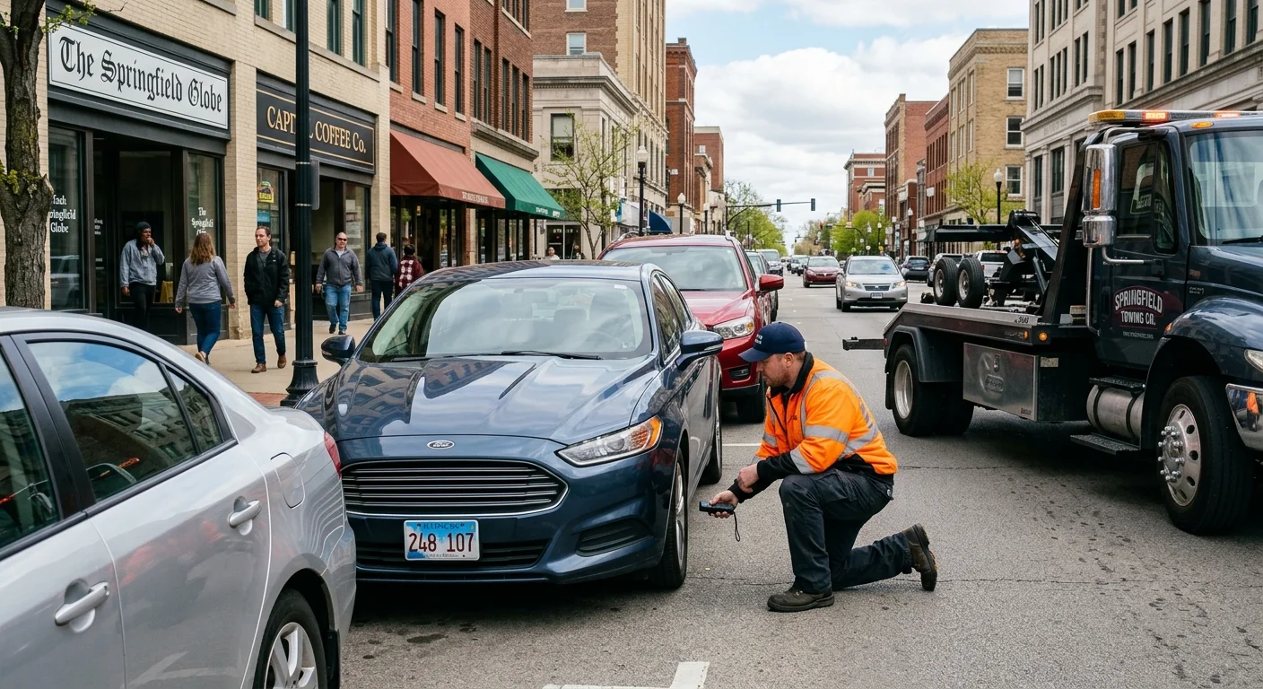 Independent operator assessing a parallel-parked car in Downtown Springfield