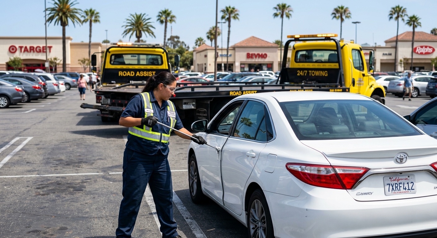 independent technician using a long-reach lockout tool to unlock a sedan in a South Springfield shopping center parking lot