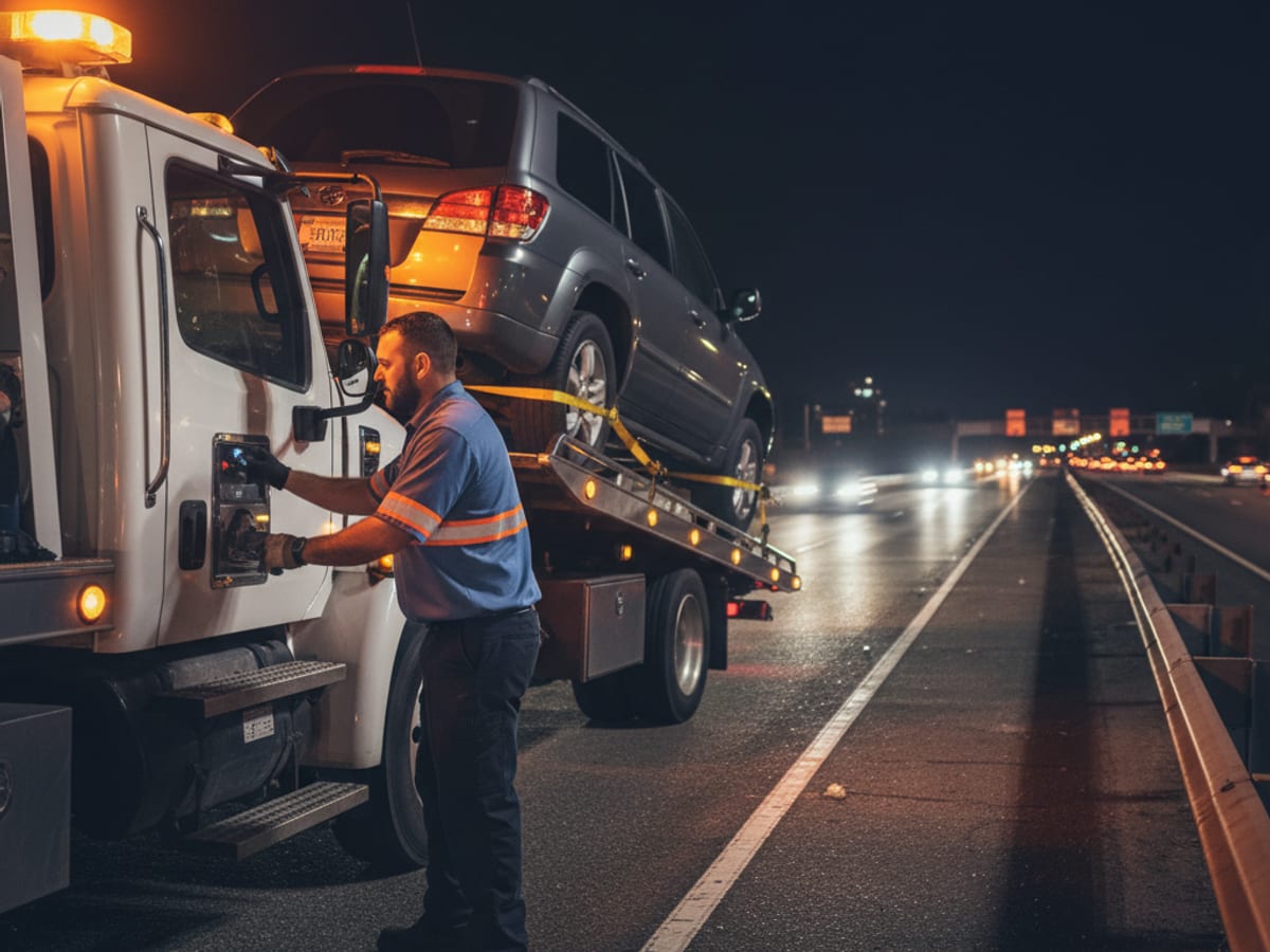 Independent flatbed operator loading a disabled SUV on the I-44 shoulder at night
