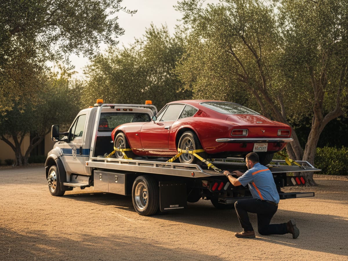 independent low-clearance flatbed carefully loading a classic Porsche with soft-tie wheel nets in Galloway