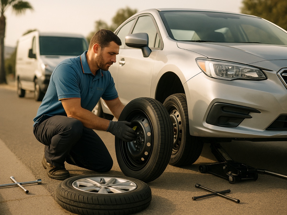 independent technician changing a flat tire for the spare on a vehicle pulled onto a Springfield street shoulder