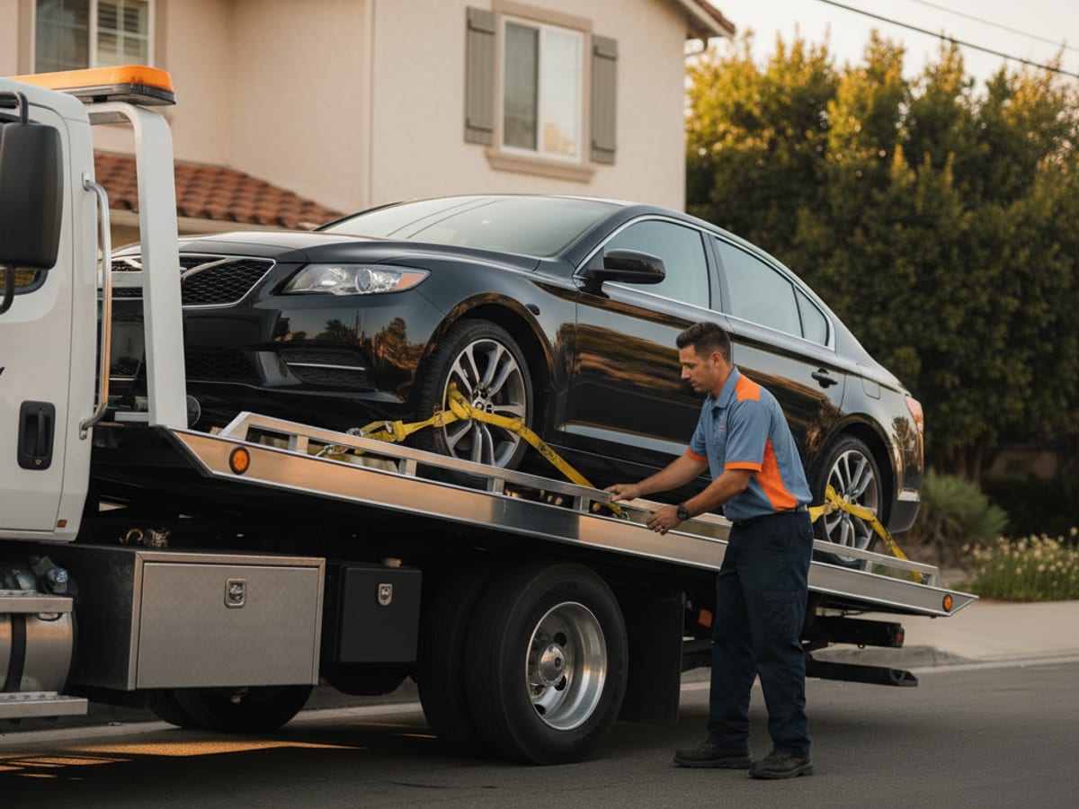 independent rollback flatbed loading a Tesla with soft straps on a Galloway residential street