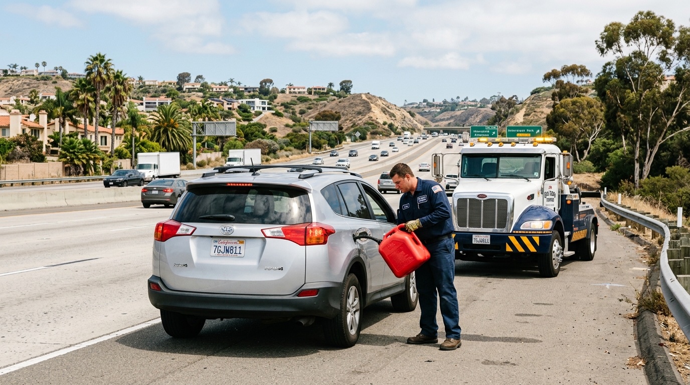 independent technician pouring fuel from an approved jerry can into a vehicle on the shoulder of US-65