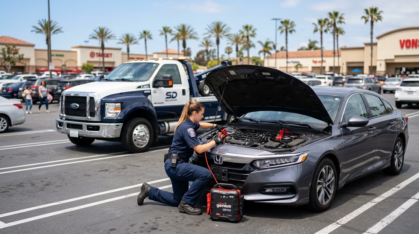 independent technician connecting a commercial jump pack to a dead battery in a Springfield parking lot during daylight