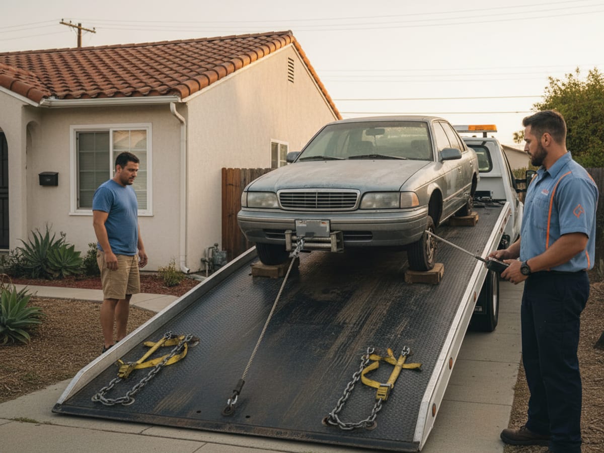 independent flatbed loading a non-running sedan from a South Springfield residential side yard
