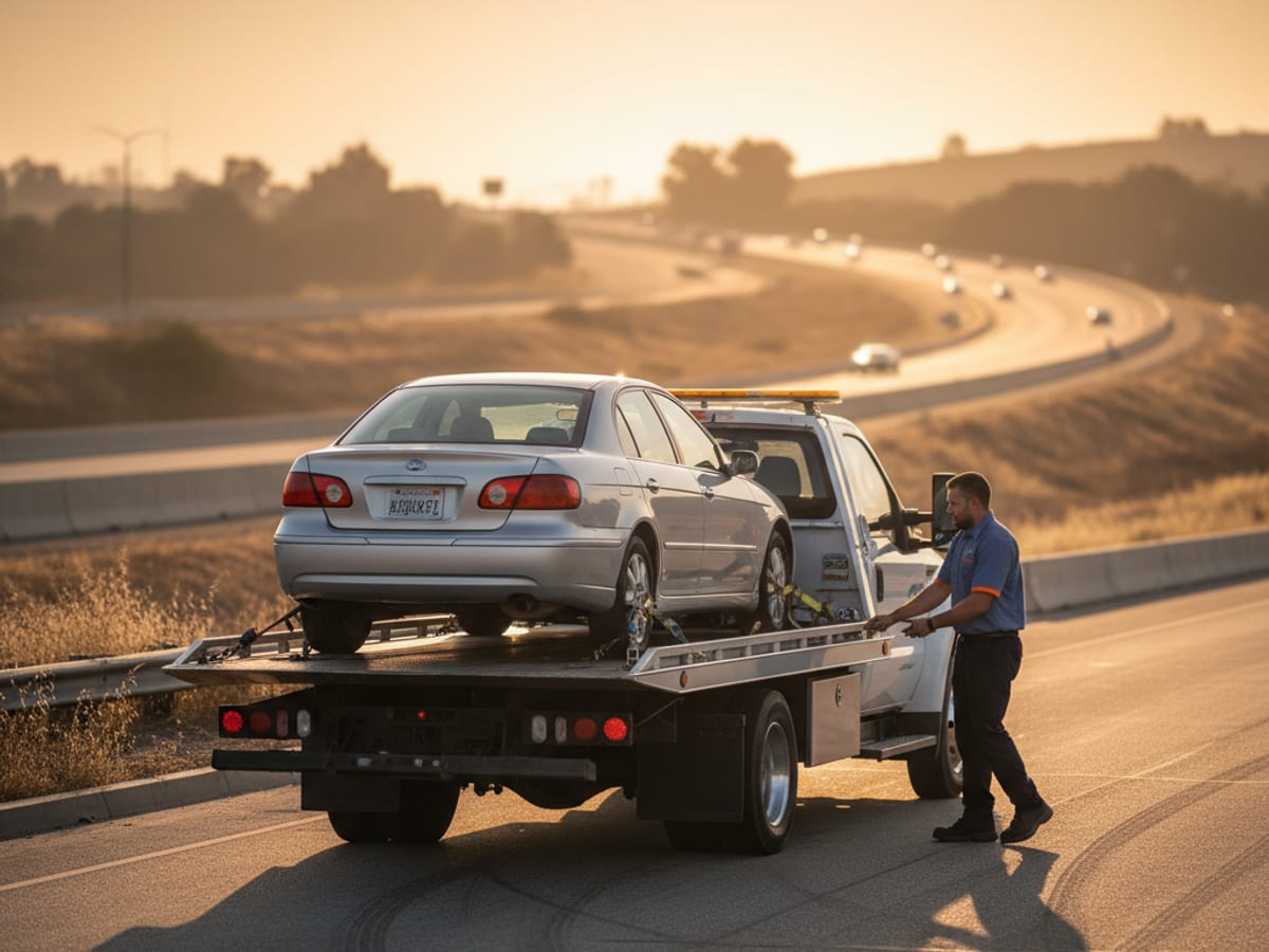 Independent flatbed operator preparing for a long-distance interstate tow at sunrise near the I-44/US-65 interchange