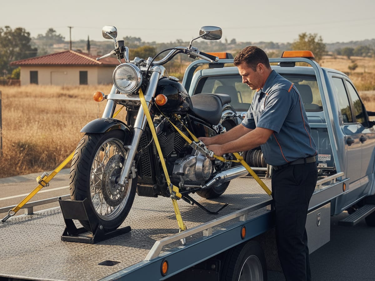 Independent tow operator securing a Harley-Davidson cruiser on a low-deck flatbed near Park Central Square