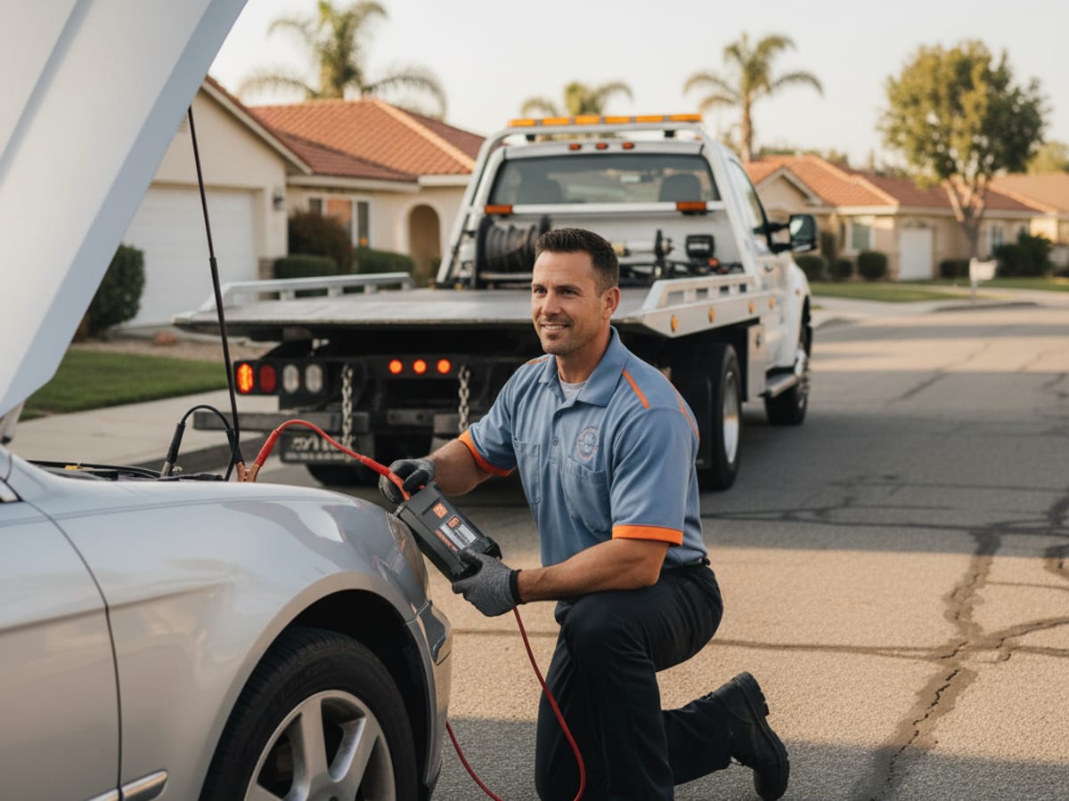 independent technician jump-starting a disabled car on a residential street near Galloway