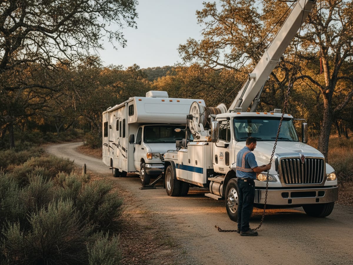 independent heavy wrecker towing a Class C RV from near the US-65 corridor into Branson