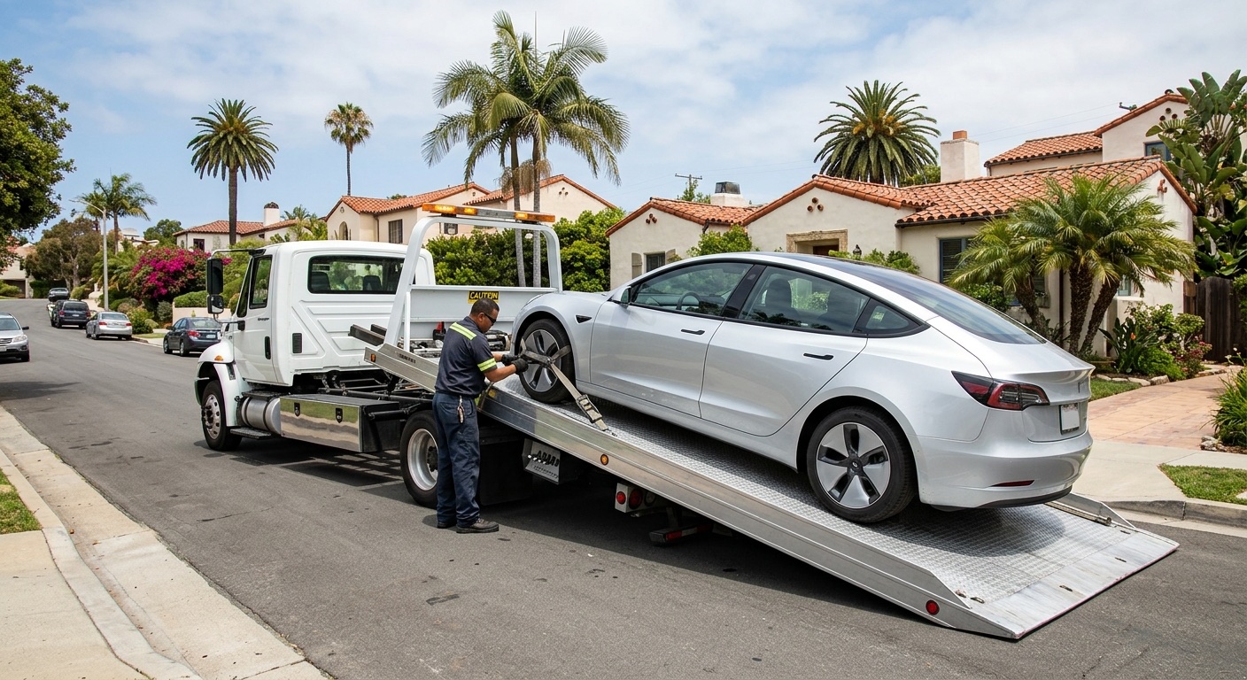 independent flatbed loading a Tesla Model 3 with soft straps in a South Springfield driveway, charge port closed and Transport Mode engaged