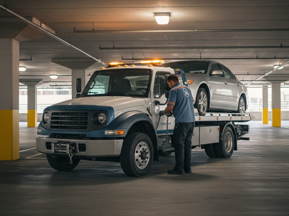 independent wheel-lift truck hooking a Honda sedan on a narrow Galloway side street